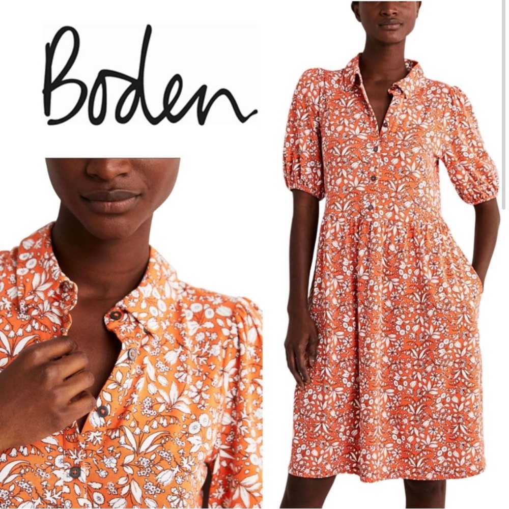Boden Shirt Dress US 16/18 L Orange Floral Tigerlily Wildflower Tropical